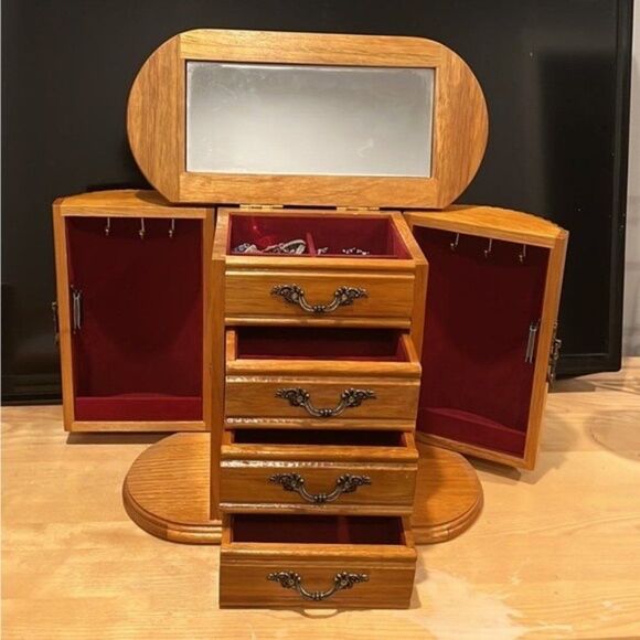 Mele & Co Vintage Wooden Jewelry Box w mirror, velvet lined drawers & side doors - Picture 2 of 15